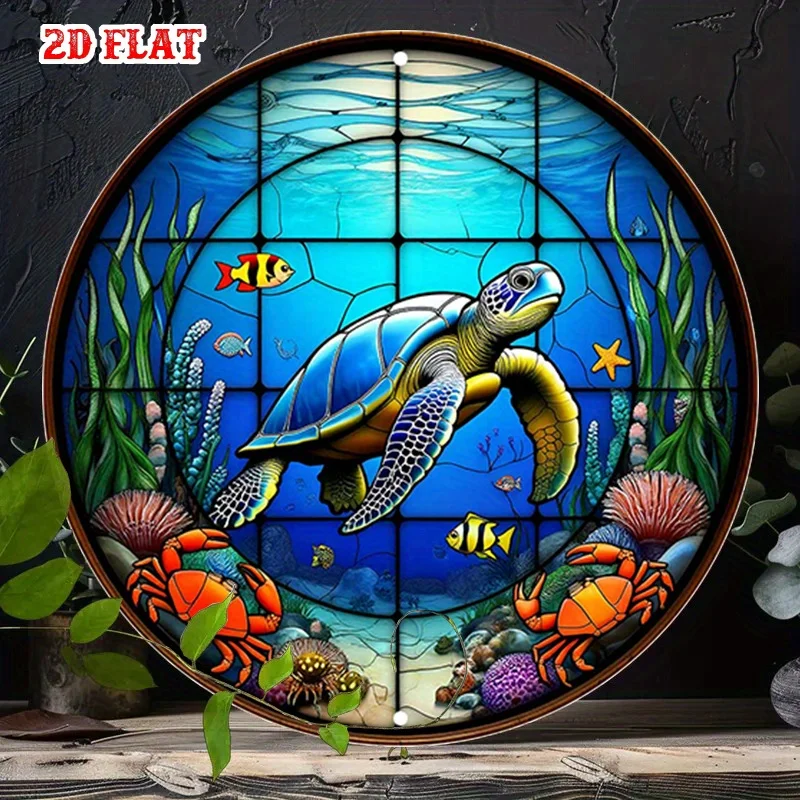 2D Flat - 1pc of 2D Flat Sea Turtle Aluminum Tin Sign, Round Aluminum Sign Featuring a Coral Reef, Measuring 7.8 Inches in Diame