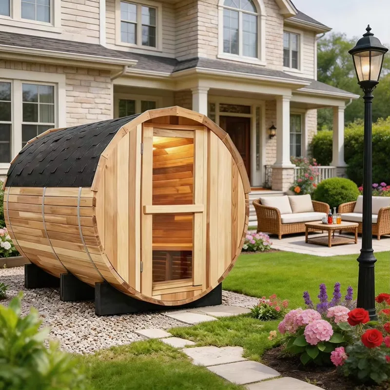 Outdoor Cedar Barrel Sauna Complete Kit Efficient Heating System Ergonomic Benches Ideal for Family Spa Backyard Home Relaxation