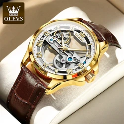 OLEVS Brand Fashion Transparent Skeleton Mechanical Watch for Men Leather Waterproof Luminous Hands Steampunk Watches Mens