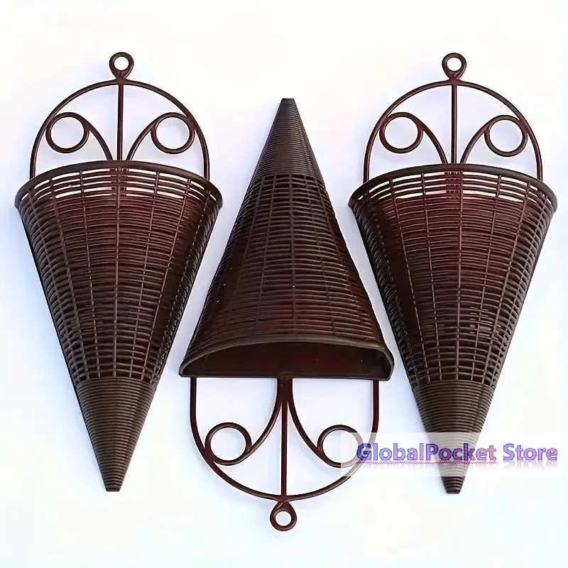 [TG823]Brown Wall Hanging Cone Planters Imitation Rattan Weave Vintage Design For Indoor Outdoor Floral Decor