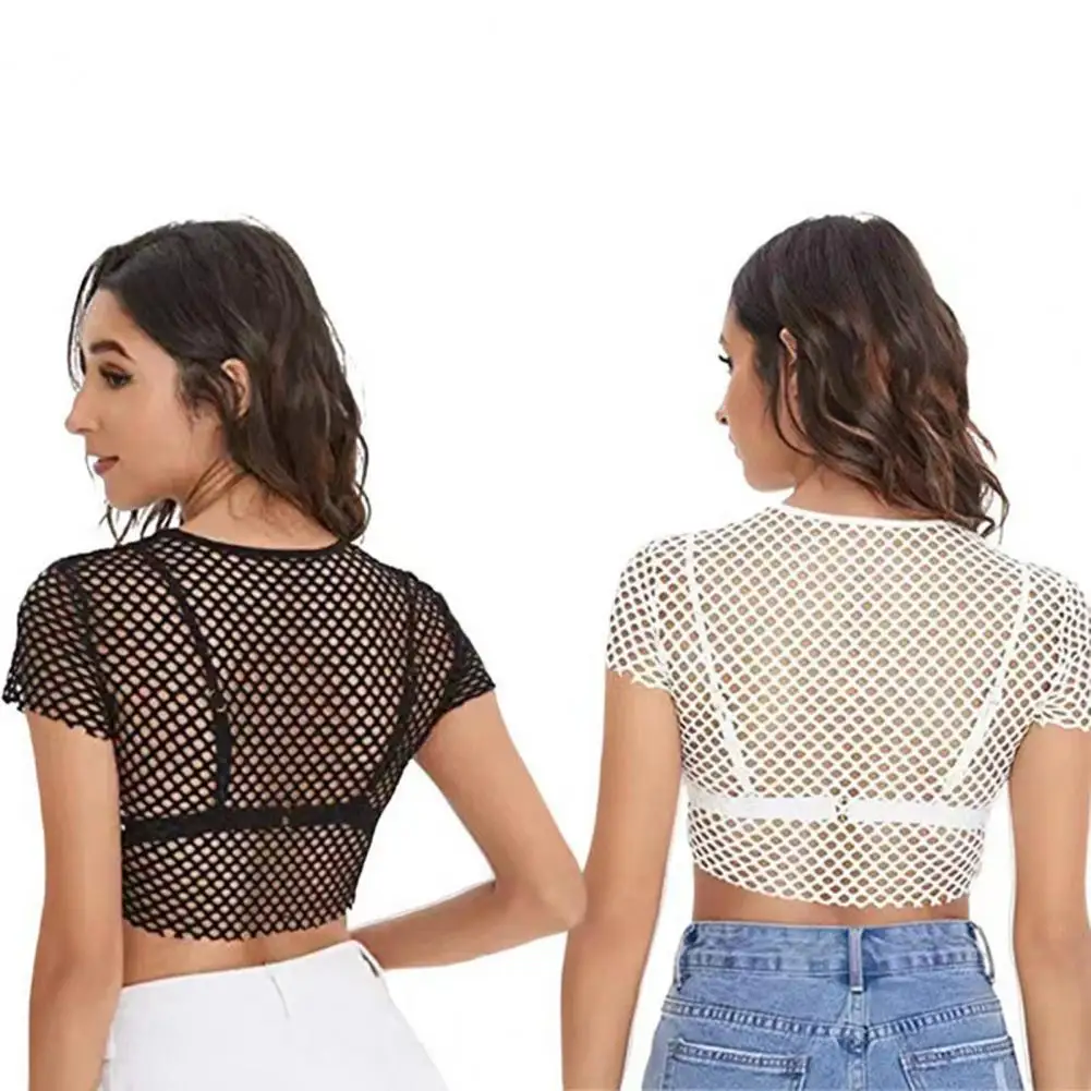 

Solid Color Crop Tee Sexy Sheer Mesh Crop Tops Slim Fit Perspective Tee Shirt Lace Going Out Top for Women O-neck Short Sleeve