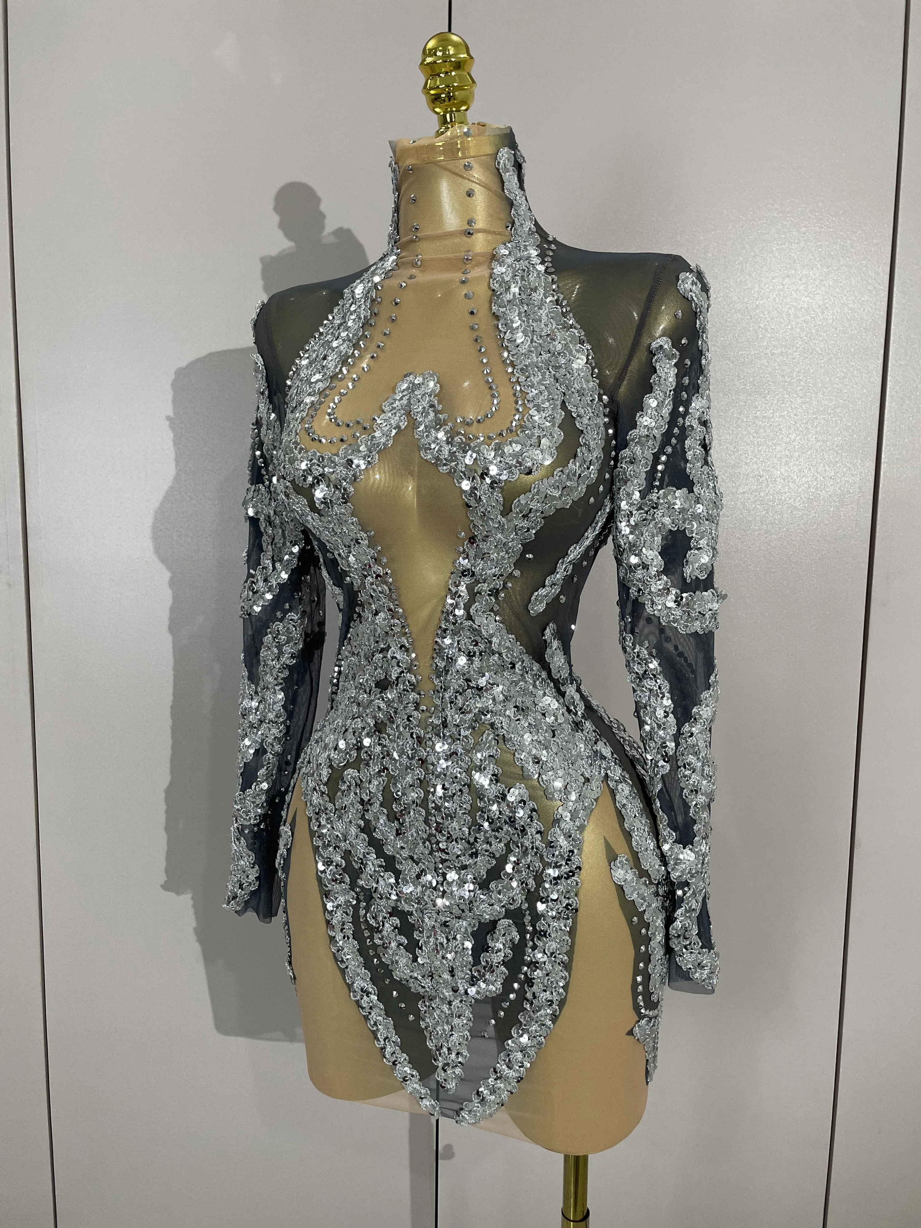STOCK Sexy Stage Outfit Mesh Long Sleeves Sparkly Rhinestones Mini Dress Eveing Birthday Party Nightclub Bar Festival Show Wear