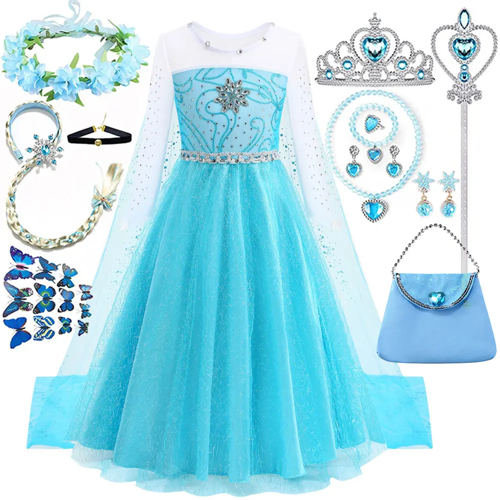 

Halloween Birthday Holiday Party Girl Cosplay Elsa Light Blue Mesh Lace Princess Dress Ice Blue Cute Princess Dress Suit