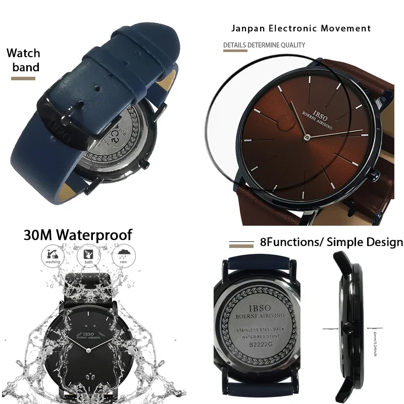 Luxury Men Watch Leather Brown Ultrathin Waterproof Hand Clock Boy Fashion Original Brand Business Male Dress Wristwatches Blue