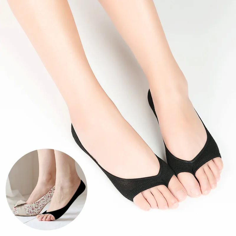 

Women Girl Summer Socks Solid Black White Thin Shallow Mouth Open Toe Invisible Thumb Socks Two Finger Silicone Anti-slip Socks