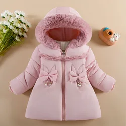 Baby Girls Plush Jacket Winter Solid Color Bow Decoration Lamb Wool Lining Coats For 1-4Y Kids Fur Collar Hooded Thick Snowsuit