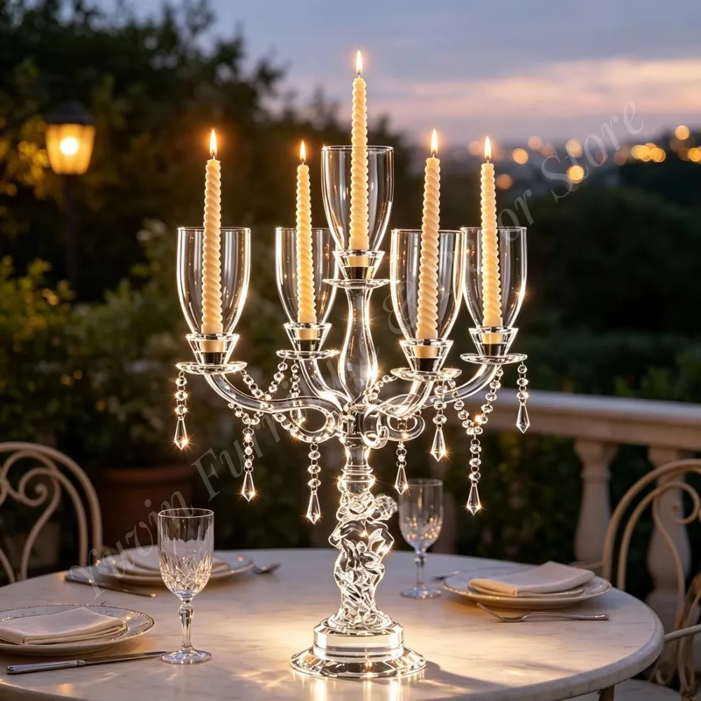 Vintage 7 Heads K9 Crystal Candelabra Windproof Glass Shade Pendants Wedding Easter Hotel Dining Table Centerpiece Handmade