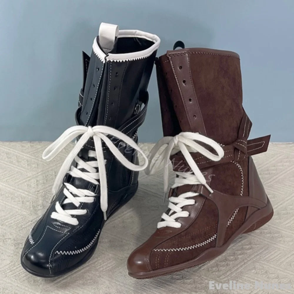 

Cross Tied Splicing Sewing Mid Calf Boots Women Round Toe Height Increasing Boxing Boots 2025 Autumn Winter New Fashion Boots