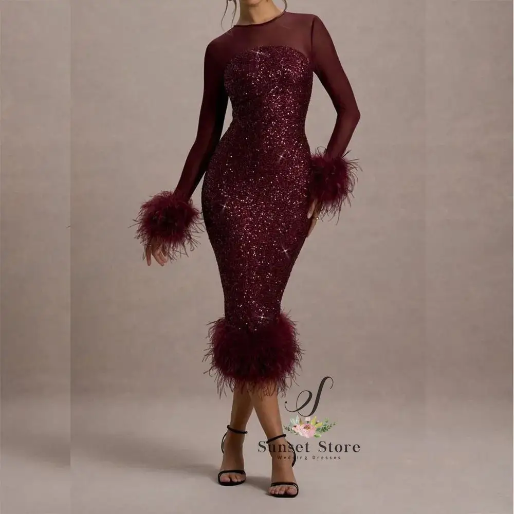 Customized Elegant Sequined O-neck Evening Dresses Formal Long Sleeve Feathers Knee-Length Gowns Special Occasion Prom Dress For