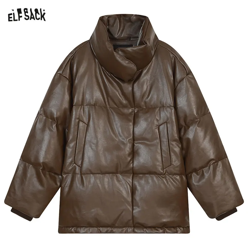 ELFSACK 2024 Winter New Arrivals Retro brown duck down pu leather short down jacket for women