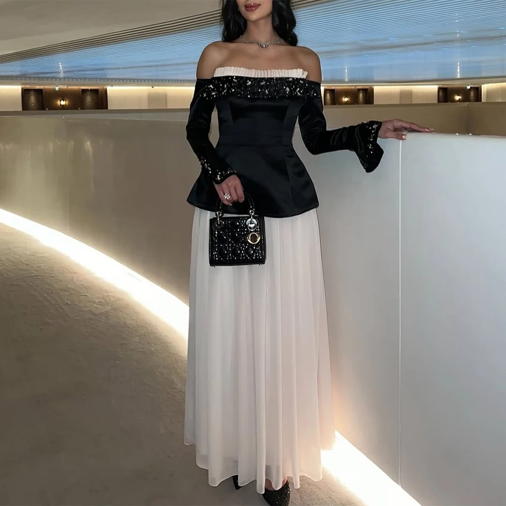 

Dubai Special Occasion Dresses Satin Sheath/Column Celebrity Dress Black and White Off-the-shoulder Rhinestones Prom Dress Long