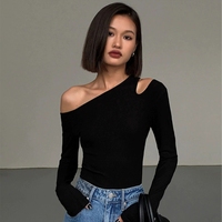 Black sexy single shoulder oblique shoulder base shirt women's autumn long sleeve T-shirt with tight shoulder collarbone top