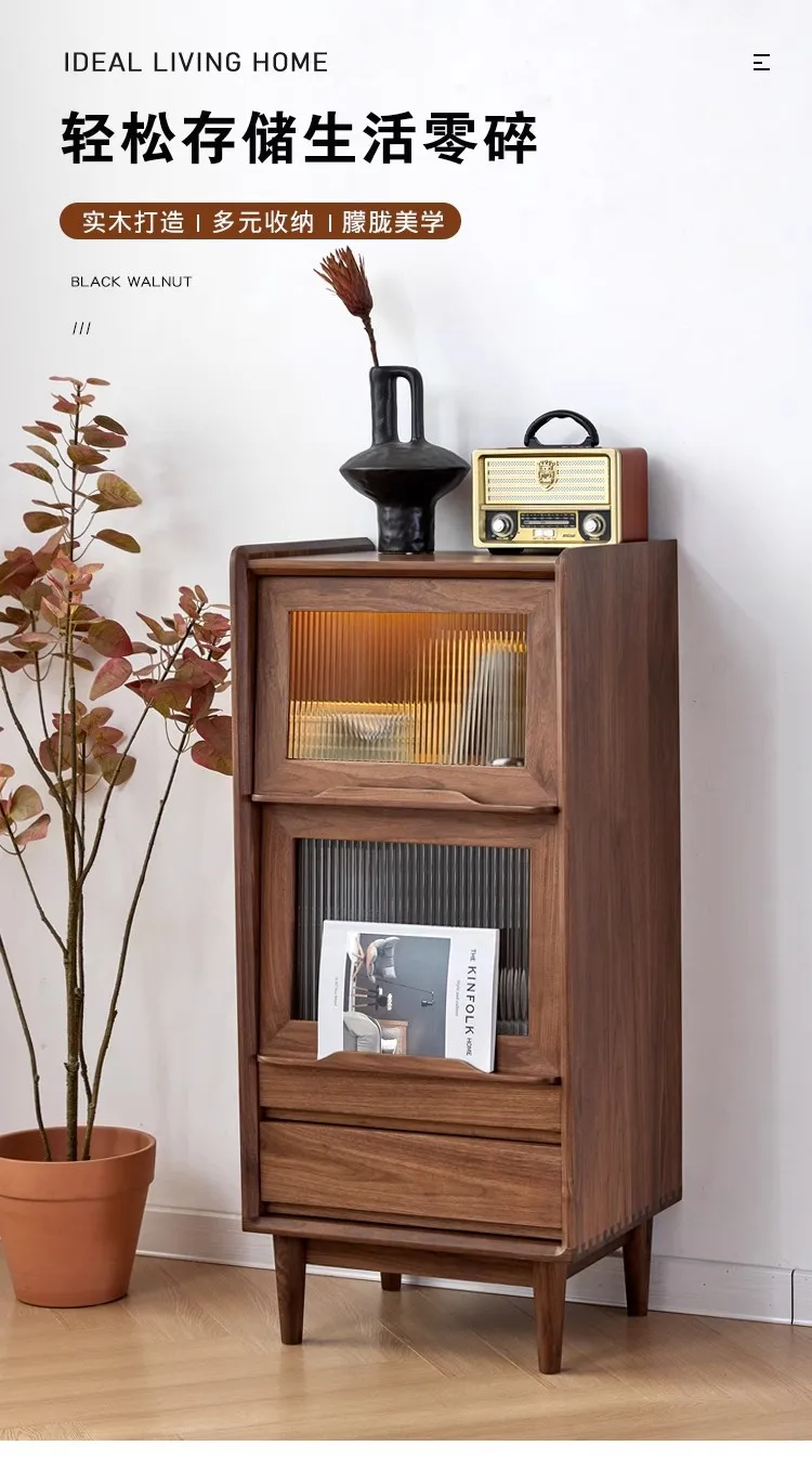 Black walnut solid wood bookcase, flip-door TV sideboard, sideboard with glass storage, sofa sideboard