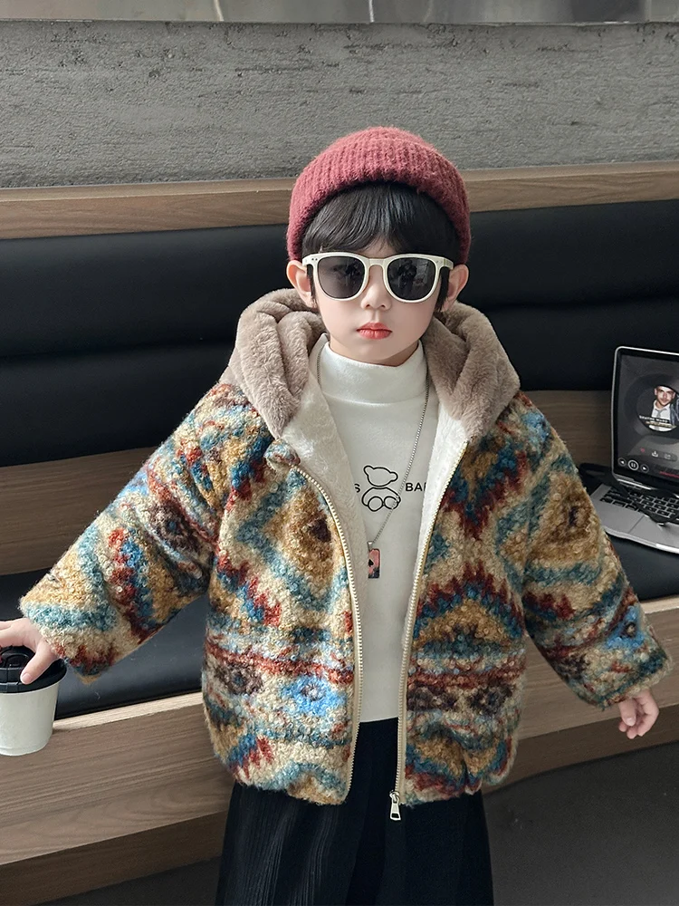 

Thiened Lamb Velvet Fce Winter Jaet for Boys Trendy Printed Hooded Cotton Clothes Warm Youthful Sle Chinese Sle