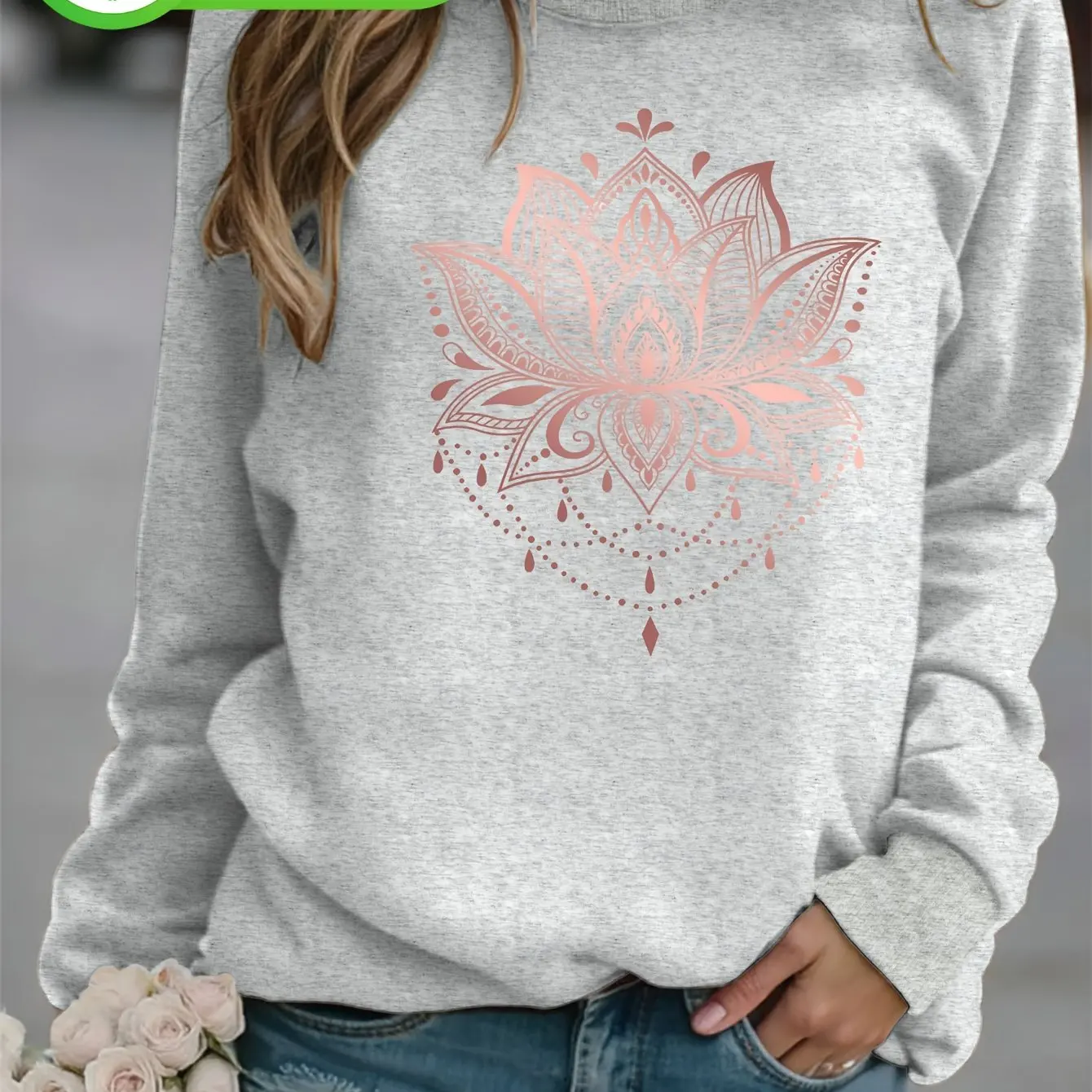 سويت شيرت نسائي برقبة دائرية عتيق باللون الذهبي الوردي لطباعة اللوتس والأزهار بطبقات غير رسمية سترة ناعمة تشبه الملمس