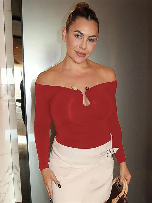 قميص نسائي أنيق بكتف واحد وأكمام طويلة، ملابس نسائية عصرية للخريف، قميص كاجوال بلون واحد يمتص الرطوبة