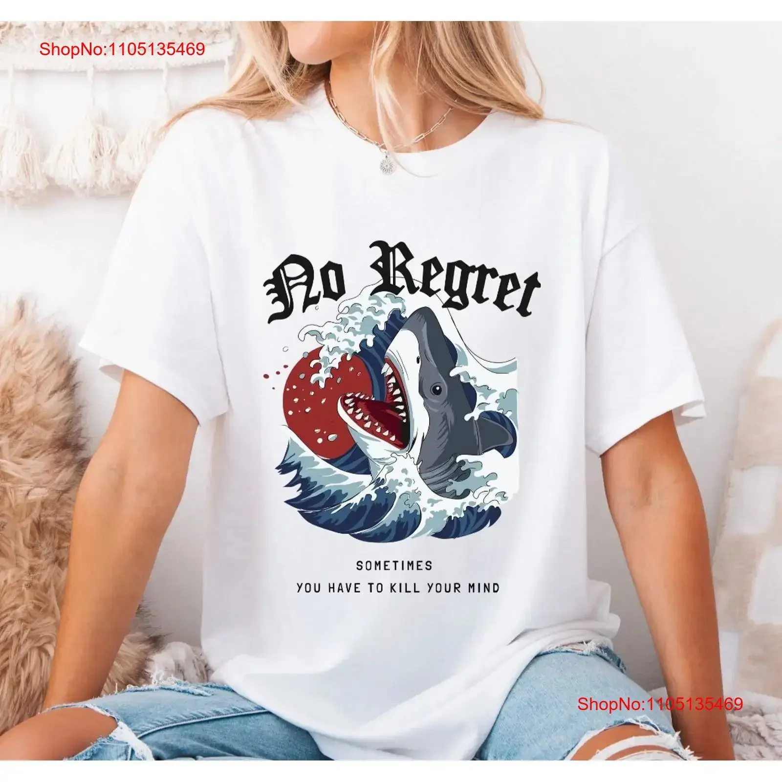 Shark Ocean Waves T Shirt No Regret Bold Beachwear Surf vintage Washed fashion Breathable Stretched Versatile graphic Casual