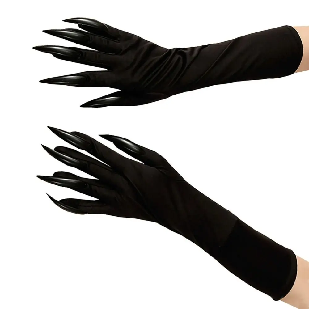 

Black Halloween Makeup Black Nail Gloves Elastic Funny Ghost Cat Demon Paw Gloves Full Finger Women Long Mittens