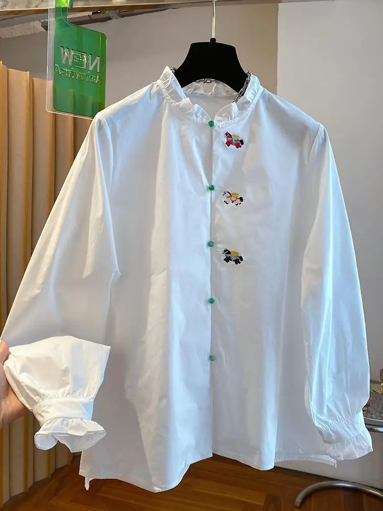 

SuperAen Chinese style White Long Sleeves 2026 Spring New Loose Casual Shirt Edible Tree Fungus Stand Collar Sweet Shirt