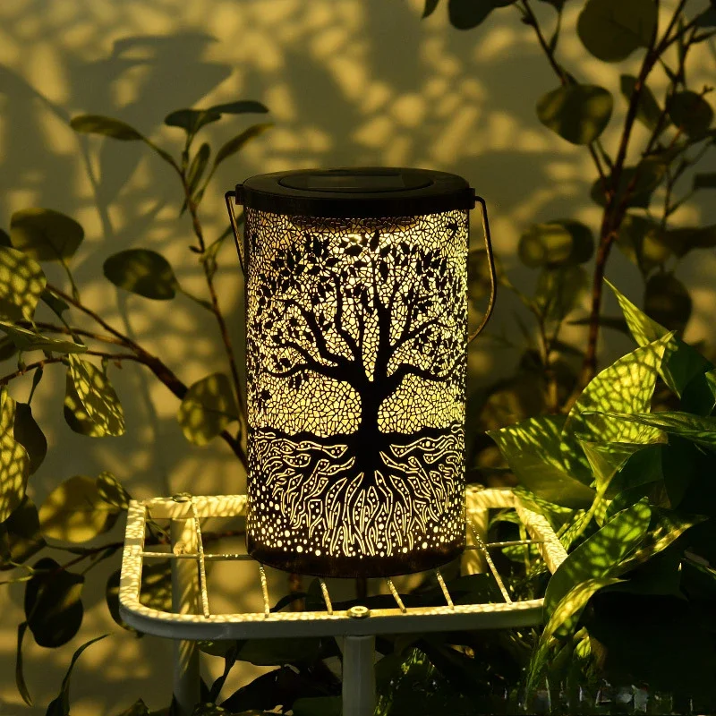 4Pcs/Lots New Wrought Iron Big Tree Light Outdoor Garden Solar Viewing Light Decorative Atmosphere Hollow Hanging Lamp