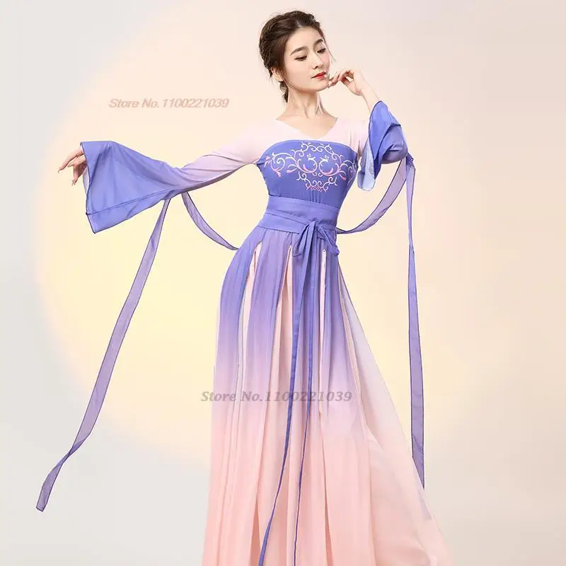 2024 chinese vintage folk dance costume elegant flower print tops+pants set vintage chiffon dress stage performance dance wear