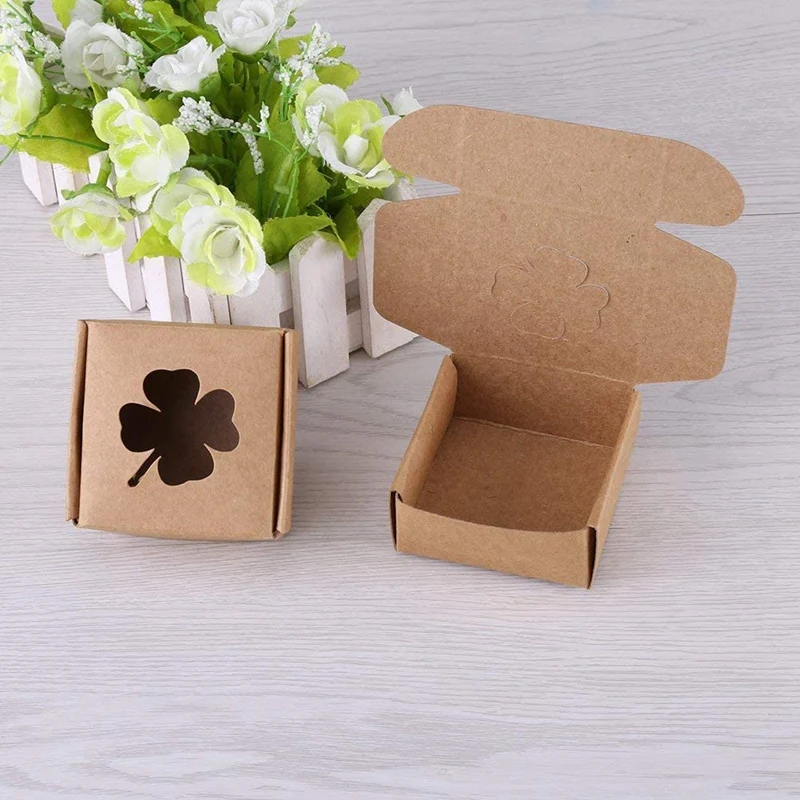 Caja de regalo de papel Kraft plegable, jabones hechos a mano, dulces, accesorios de joyería, trébol de cuatro hojas, marrón, 350G