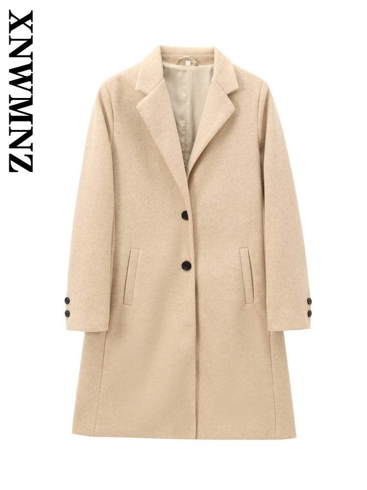 XNWMNZ 2024 Winter Female Classic Long Sleeve Overcoat Jacket Vintage Autumn Lady Beige Coat Loose Fit Thick Notched Collar Top