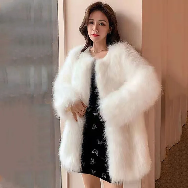 Faux fur women's cardigan jacket autumn and winter loose faux fox fur midi length solid color women's fashion top