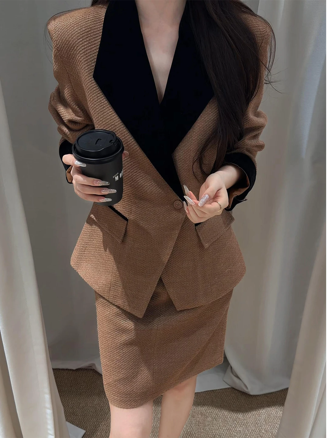 Women's Autumn Winter Tailored Suit Set Waist-Cinching Half-length Color Block Two-piece Ensemble Casual Fashion Workwear