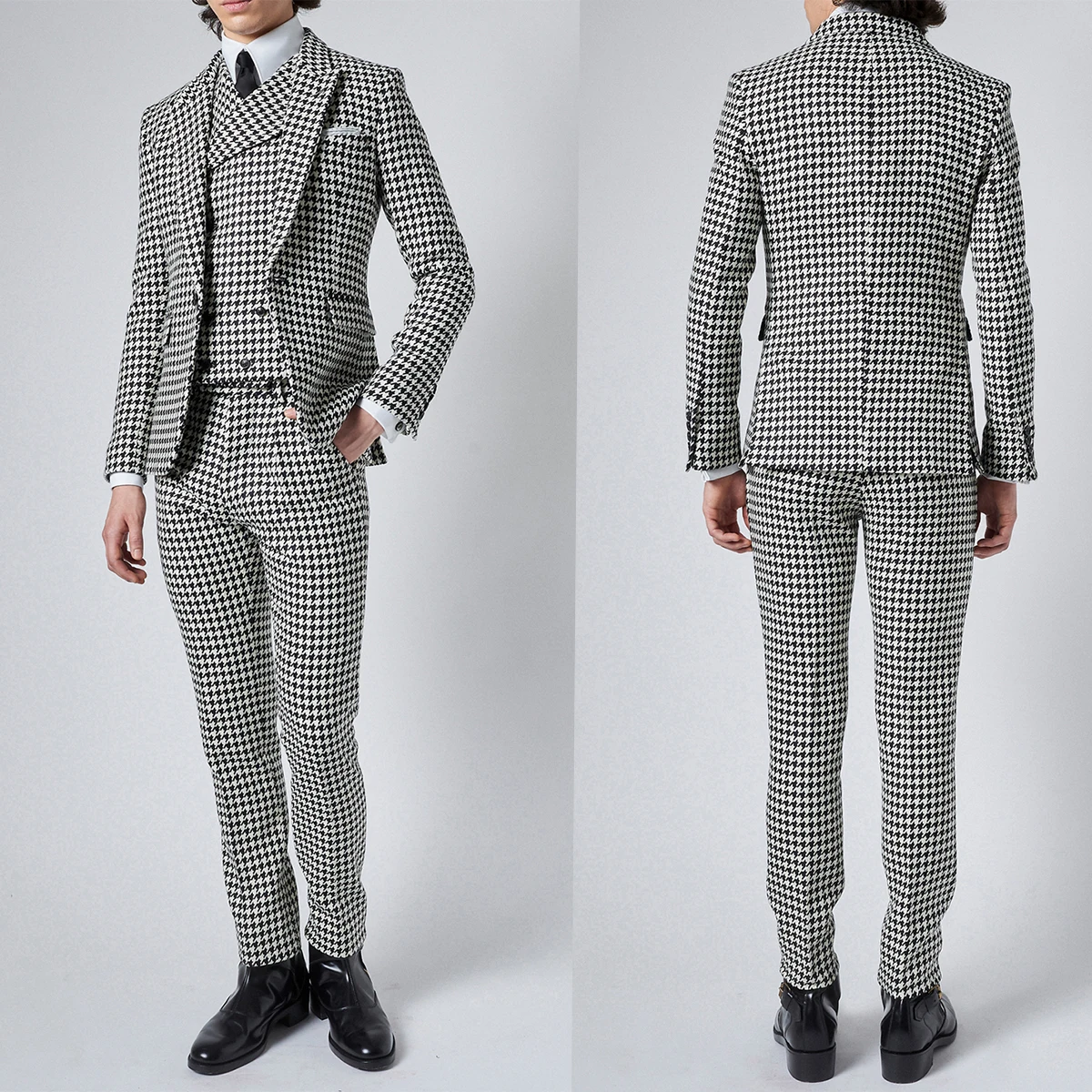 

Houndstooth Black Men's Suit 3 Pieces Blazer Vest Pants One Button Peaked Lapel Tuxedo Slim Business Wedding Groom Costume Homme