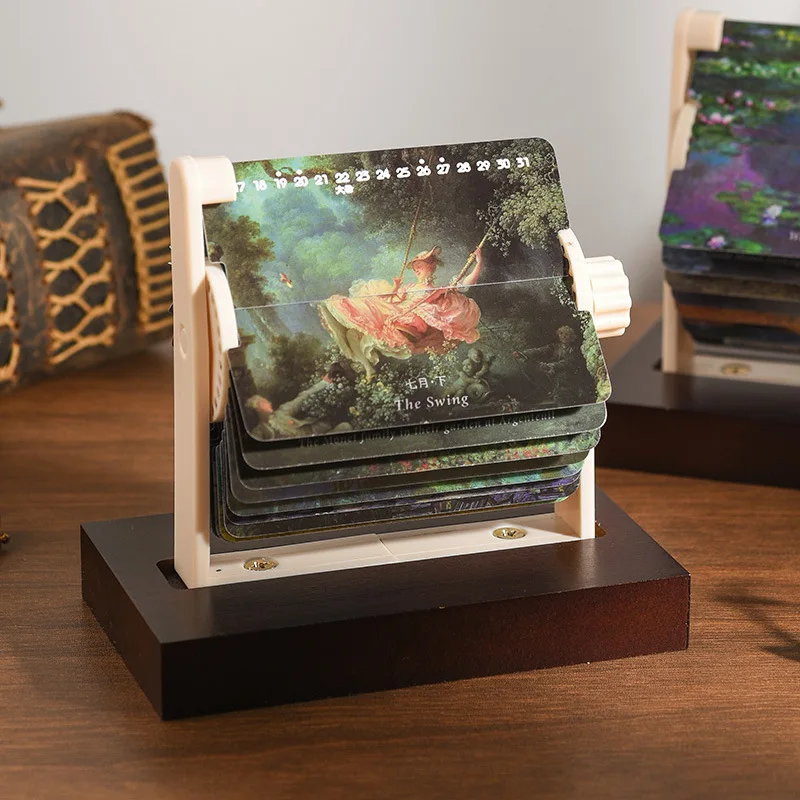 1PCS Mini Mechanical Desk Calendar with World Famous Paintings Hand Crank Tabletop Decor ABS Creative Gift Idea for Home/Office