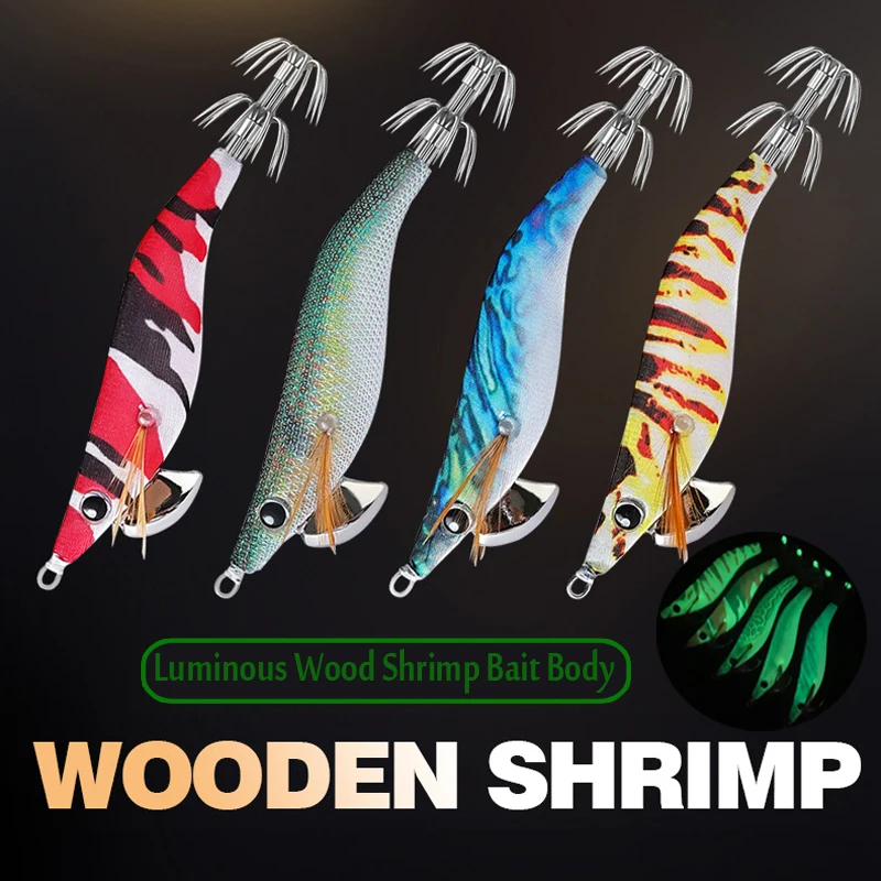 Super Bright Luminous EGI Wooden Shrimp Lure 9cm 7g Bionic Squid Bait for Saltwater Fishing Tackle