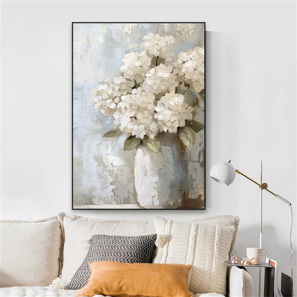 Vintage Oil Painting Print Watercolor Abstract White Hydrangeas Poster Flower Floral Botanical Large Canvas Painting Home Decor