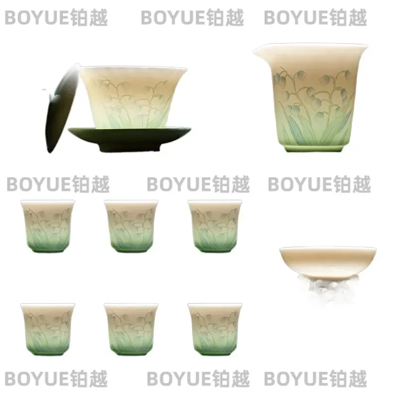 Ceramic Tea Set Lily of the Valley Gradient Green Porcelain Gaiwan Cup Gift Box Mid Autumn Festival Present