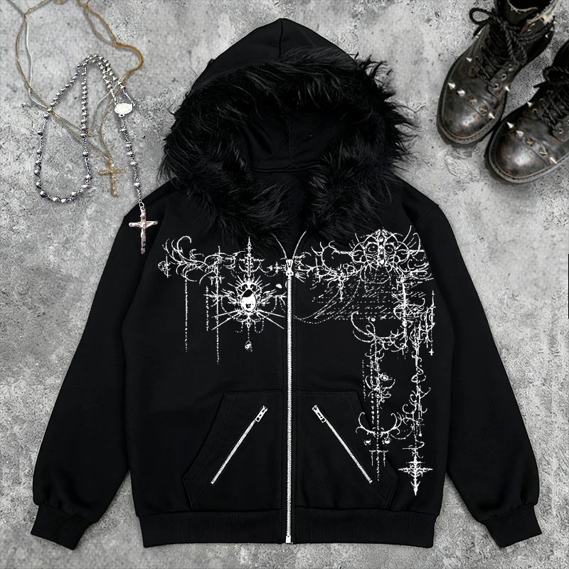 تيك توك الساخن الأمريكية عيد الفصح نمط الرجال شتاء جديد هوديي مطبوعة الفراء الرقبة الديكور الشرير القوطية Harajuku شارع العليا الظلام Y2K #2