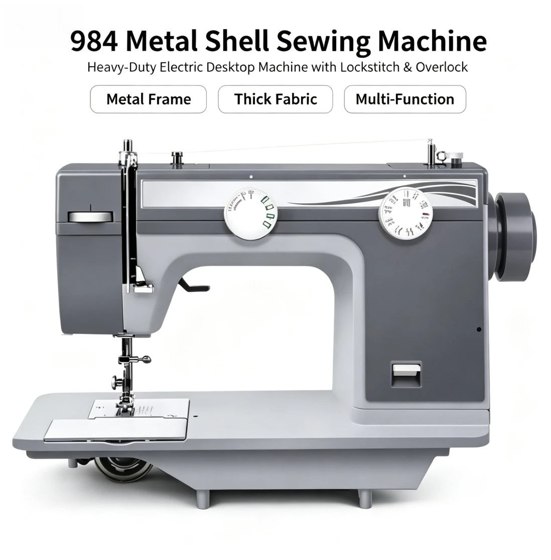 984 Electric Desktop Sewing Machine Metal‑Housing Thick‑Fabric Sewing With Overlock‑Stitch Household Garment‑Repair Craft