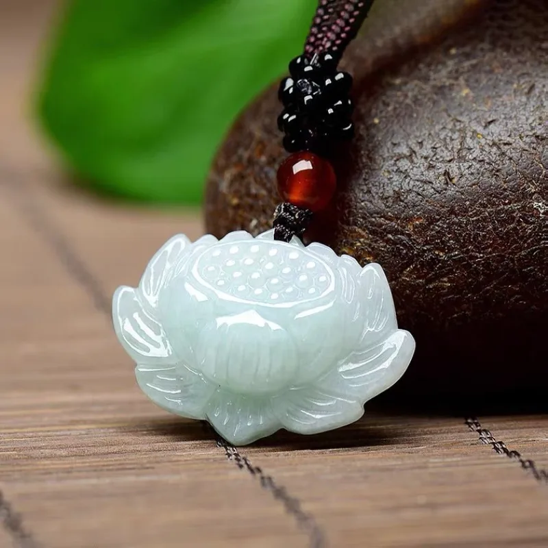 Natural Jade A Cargo Lotus Pendant Ice Waxy Popular Small Jade Pendant for Men and Women