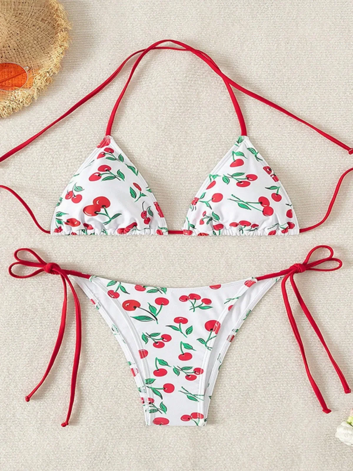 Cherry Print 2 Piece Swimsuit for Women 2025 Sexy Triangle Bra Mini Bikini Set Suspender Halter Backless Beach Vacation Swimwear