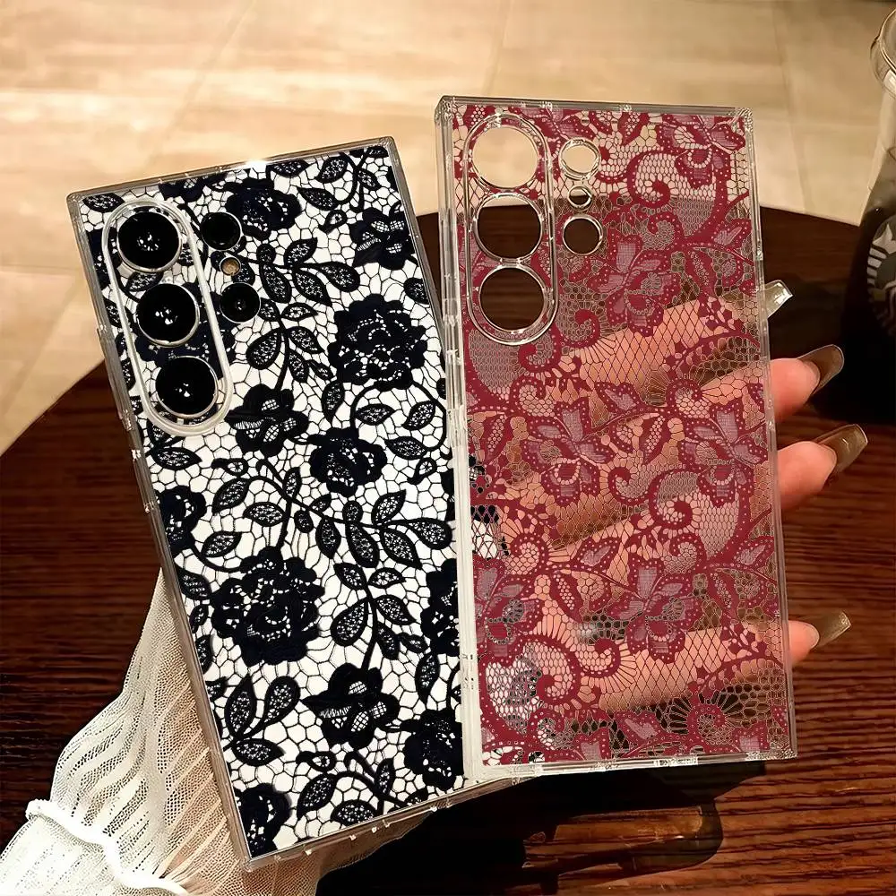 Personalized Lace Pattern Phone Case For Samsung S25,S24,S21,S22,S23,S20,Ultra,Plus,lite,fe,5G Transparent Cover