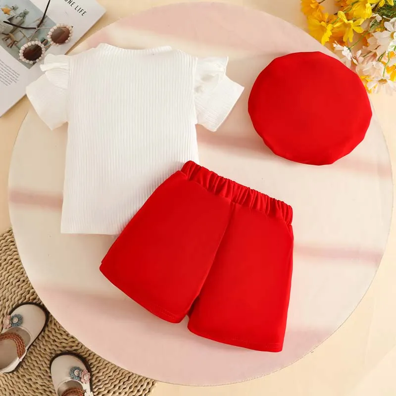 Baby Clothing 3Pcs/Set Summer Baby Girls Heart-Print Pinstripe Short Sleeves Top and Skirt-Pants Hats 1–3 Years Infants Outfits