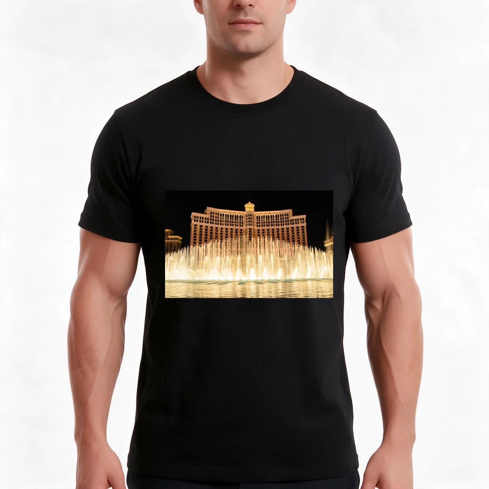 The fountains at Bellagio T-Shirt, Summer Casual Cotton Tee, Oversized Streetwear Tops, Vintage Graphic Print, Unisex Men Women