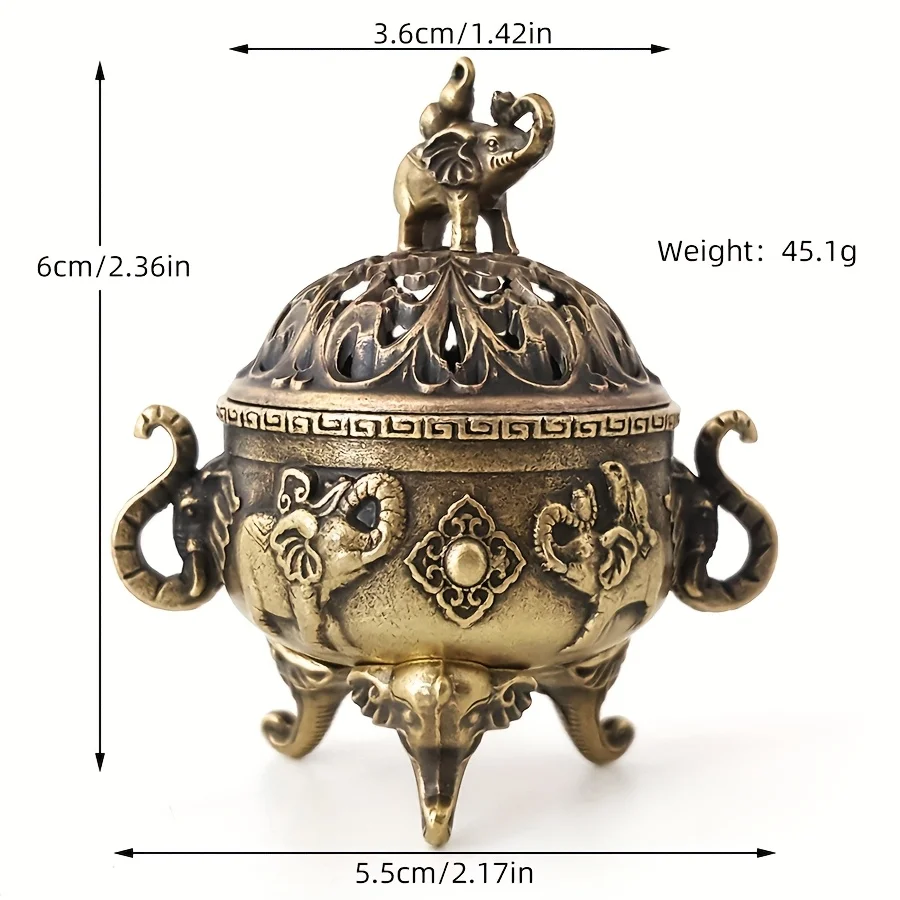 Elephant Incense Burner Metal Statue - Handcrafted Home Office Decor Brass Gourd Design Sculpture with Carved Details