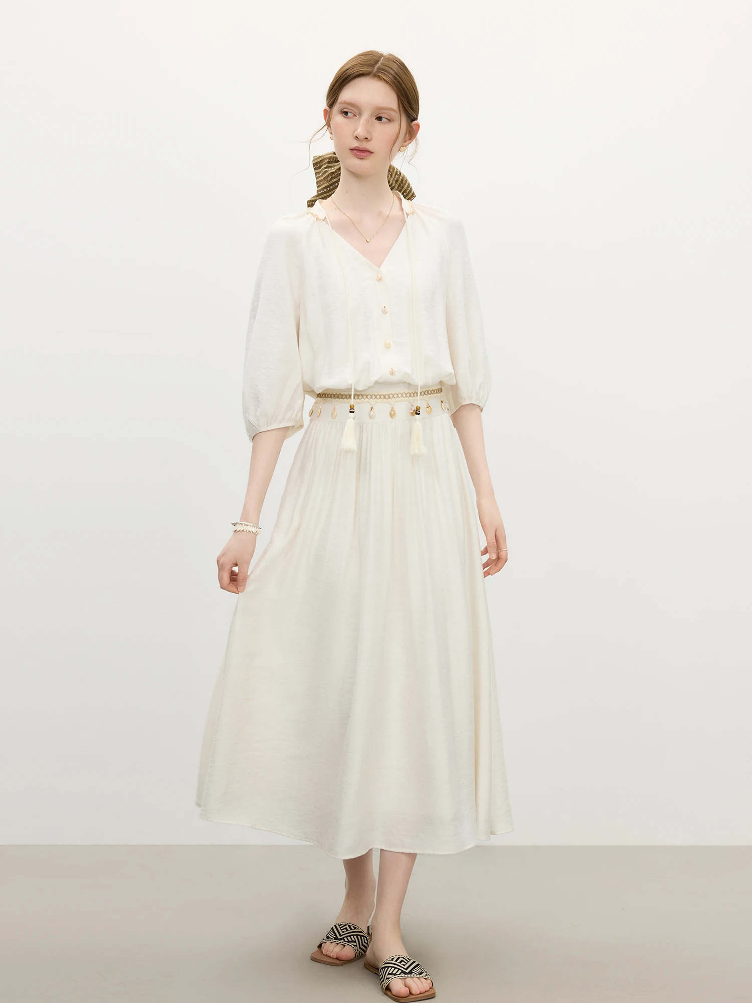 Sukienka damska FSLE z wysokim stanem, nowość na lato 2025, rękawy typu latarnia, dekolt w serek, ramiączka, długa, romantyczna sukienka wakacyjna 25FS12795