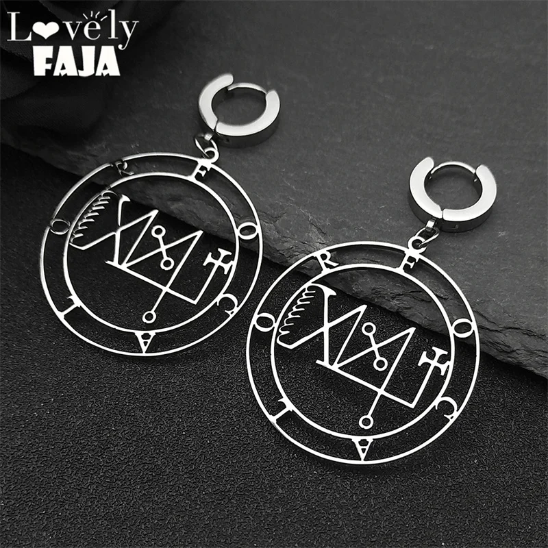 Stainless Steel Sigeal Sigil De Lucifer Satan Hoop Earrings FOCALOR Lazer Key Baphomet Stamp Drop Earring Jewelry Party Gift