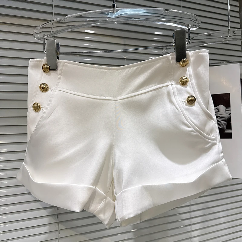 2025 Autumn New Elegant and Fashionable Shorts Women's Metal Buckle Pocket and Flanged Legs Design Fashion Short Pants