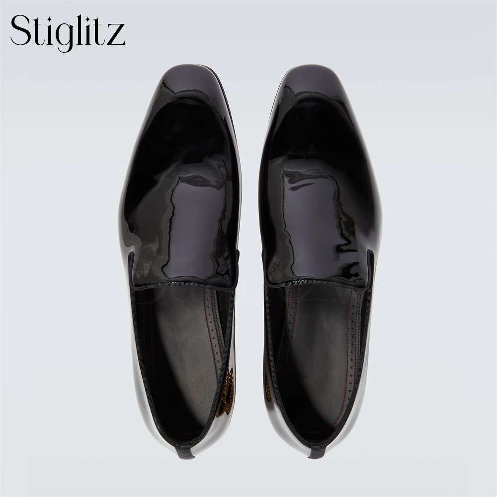 Metallic Gold Low Chunky Heel Loafers for Men Black Patent Leather Classic Dress Shoes Designer Style Handcrafted Leather Shoes