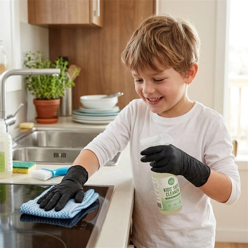 Schwarze Nitril-Einweghandschuhe für Kinder von 4-12 Jahren, 3,5 mil, latexfrei, Sicherheitshandschuhe für Kinder zum Gärtnern, Malen, Spielen und Basteln. – Detail 4