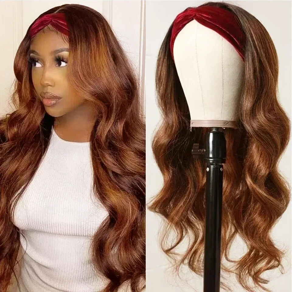 Black Balayage Headband Wig Human Hair Body Wave Highlight Wig Put On & Go Glueless Human Hair Wigs with Pre-attached Scarf