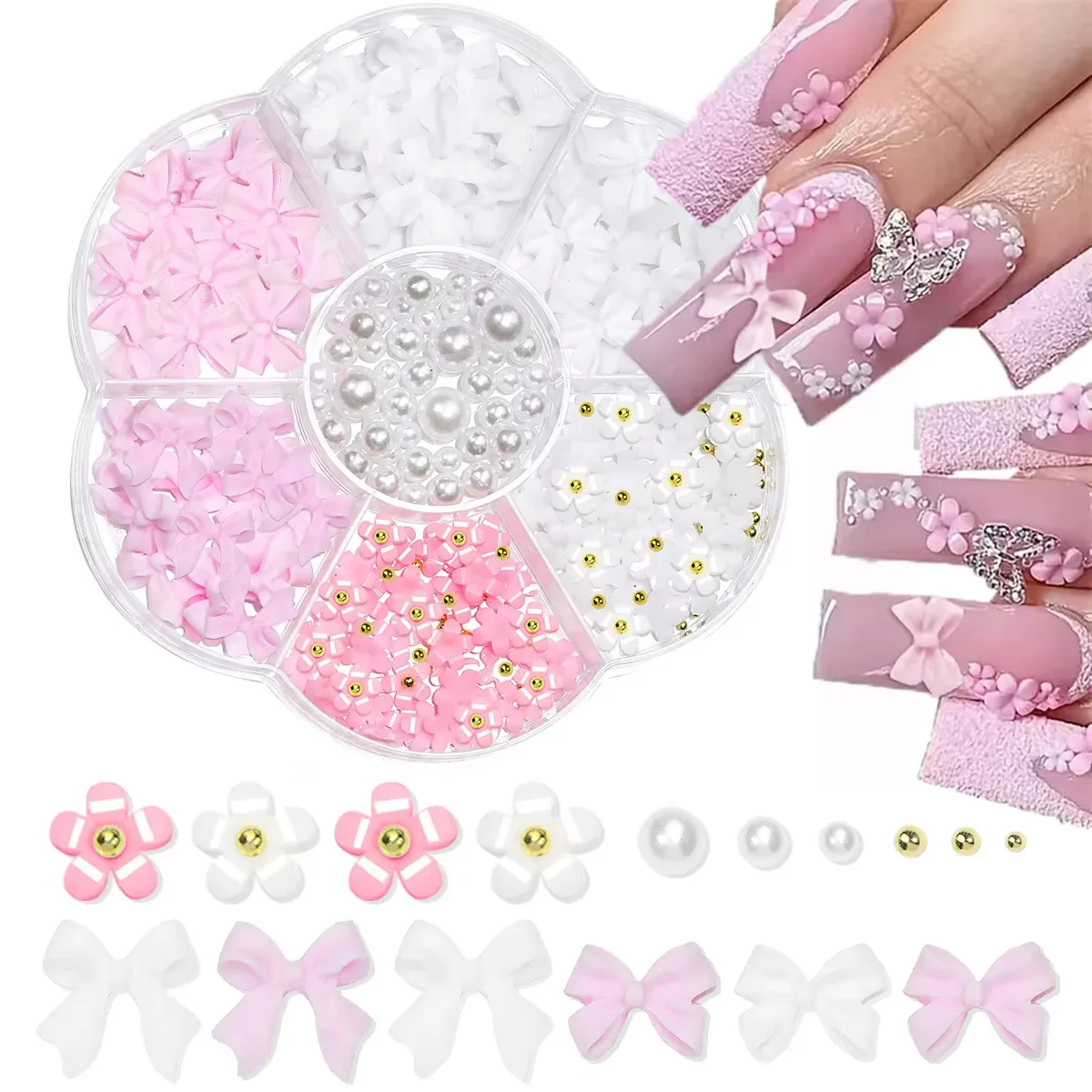 Mixed Acrylic Bowknot 3D Nail Art Decorations Flower Resin Charms Gold Beads Caviar Pearl Mixed Rhinestones Accessories set