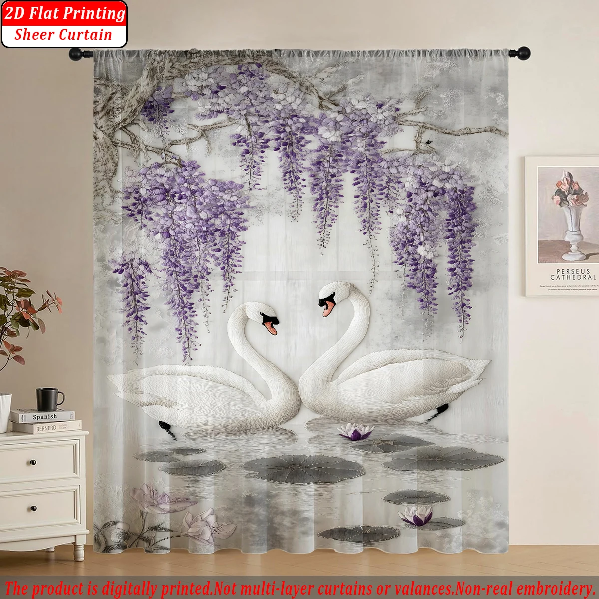White Swan Purple Vine Flower Flat Printing Sheer Curtain，Light Fabric，for Living Room Bedroom Home Door and Window Decor